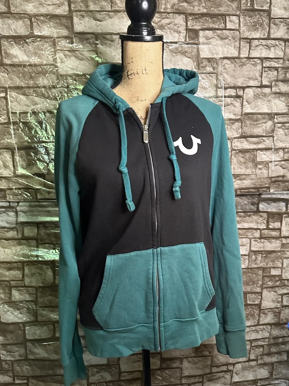 True Religion Teal and Black Zip-Up Hoodie